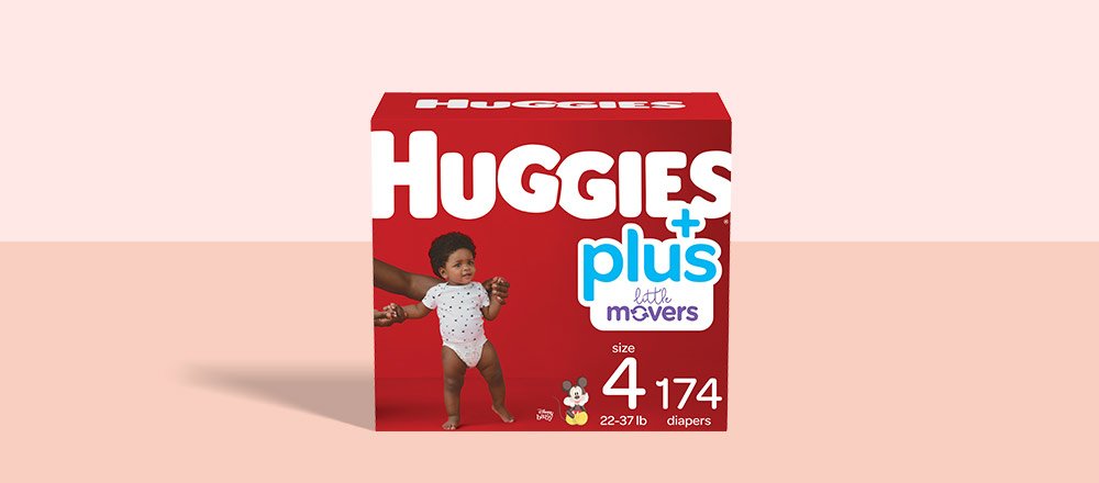 A box of Huggies Little Movers Plus Diapers
